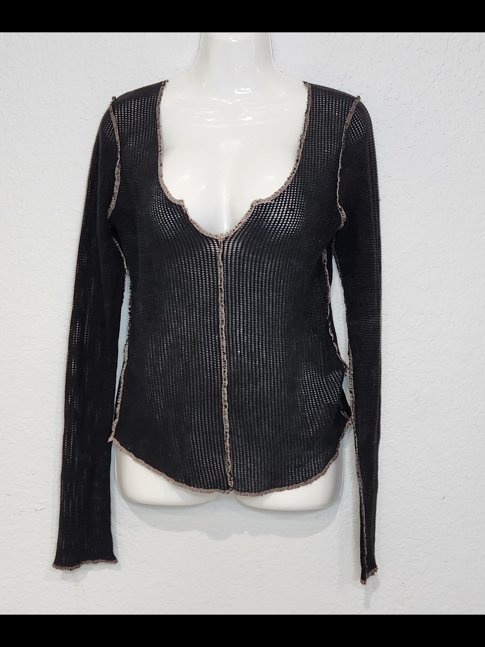 Project Social T Black Long-Sleeve Scoop Neck Knit Top with Contrast Stitch